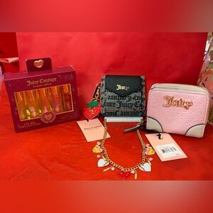 NWT JUICY COUTURE Black and Pink WALLETS, NIB JUICY COUTURE LIP OILS & NECKLACE